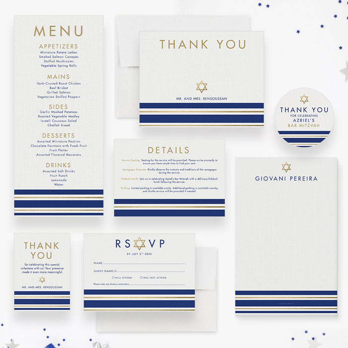 Elegant Bar Mitzvah Invitation Card with Tallit Prayer Shawl Design, Star of David Invitations for Jewish Celebration