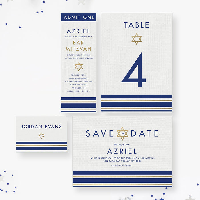 Elegant Bar Mitzvah Invitation Card with Tallit Prayer Shawl Design, Star of David Invitations for Jewish Celebration