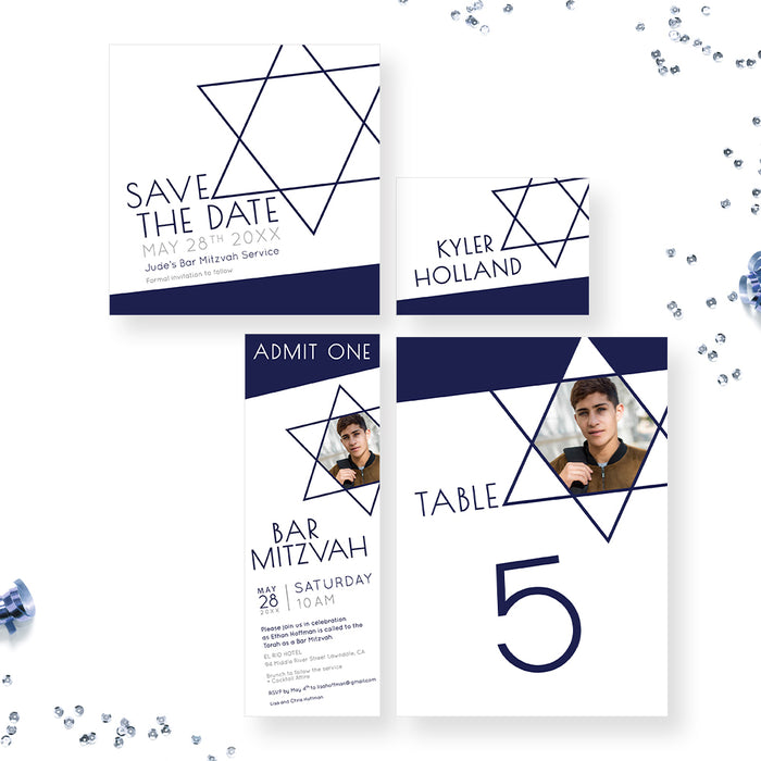 Bar Mitzvah Invitation Card with Picture, Photo Invitations for Jewish Celebration, Modern Invites for B'nai Mitzvah