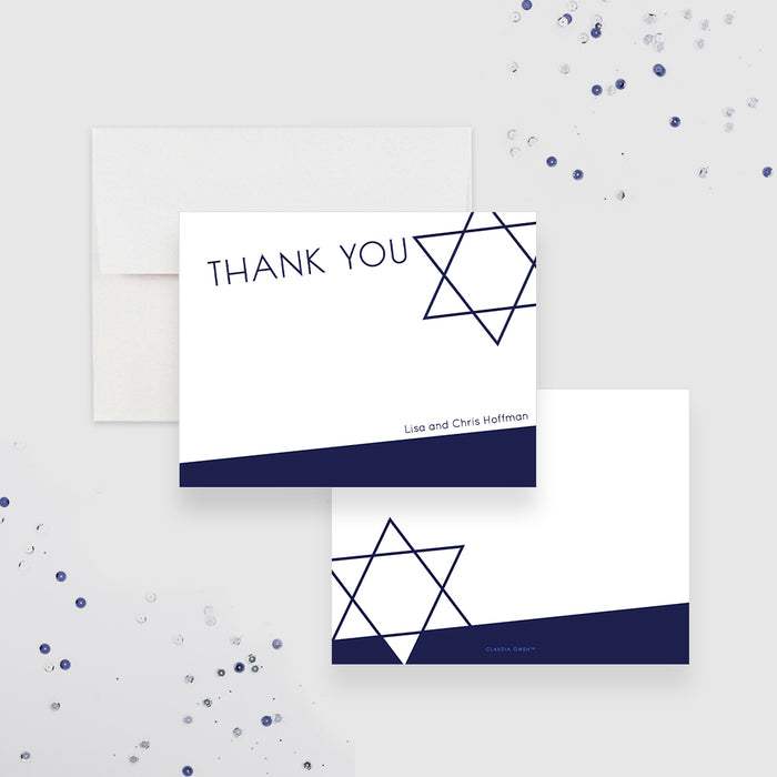 Navy Blue Jewish Note Card with Star of David Illustration, Bar Mitzvah Thank You Card, Personalized Jewish Gifts, Religious Correspondence Card