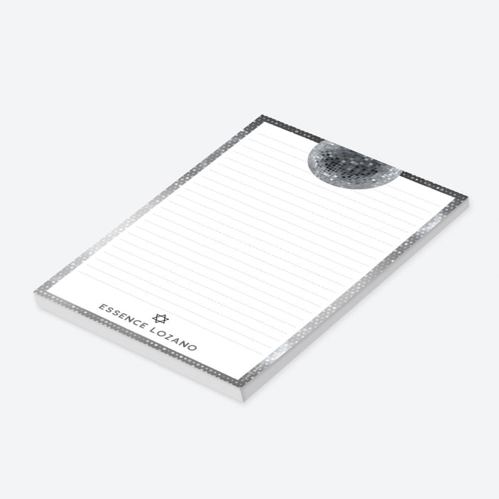 disco bar mitzvah notepad personalized with name with star of David and mirror ball design-side