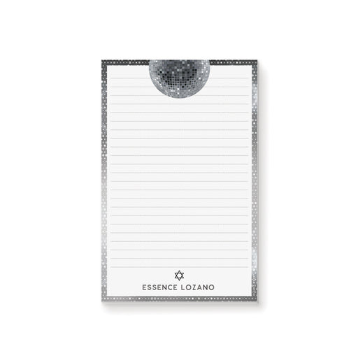 disco bar mitzvah notepad personalized with name with star of David and mirror ball design