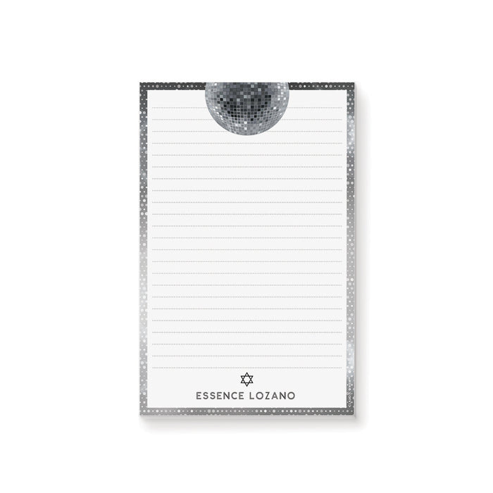 disco bar mitzvah notepad personalized with name with star of David and mirror ball design