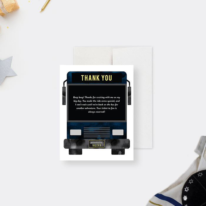 Bar mitzvah thank you card featuring party bus design with space for photos and custom message-front