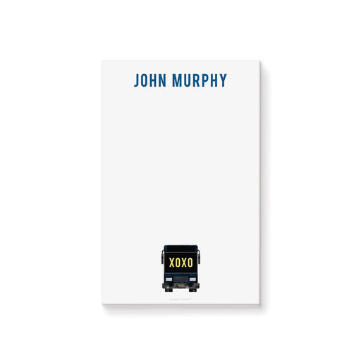Personalized notepad with name at the top and small party bus illustration at the bottom in a clean modern layout