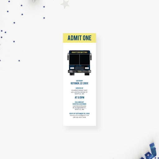 Bar mitzvah ticket invitation featuring a party bus design with admit one layout and bold modern lettering