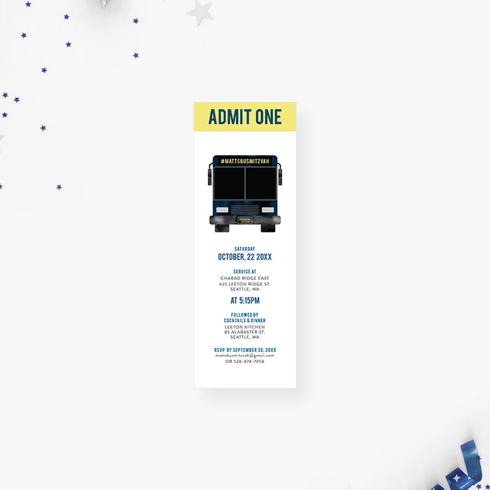 Bar mitzvah ticket invitation featuring a party bus design with admit one layout and bold modern lettering