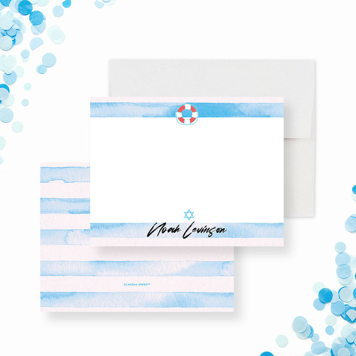 Personalized Bar Mitzvah thank you card featuring blue watercolor stripes with a clean modern layout for a boy’s celebration-front-back