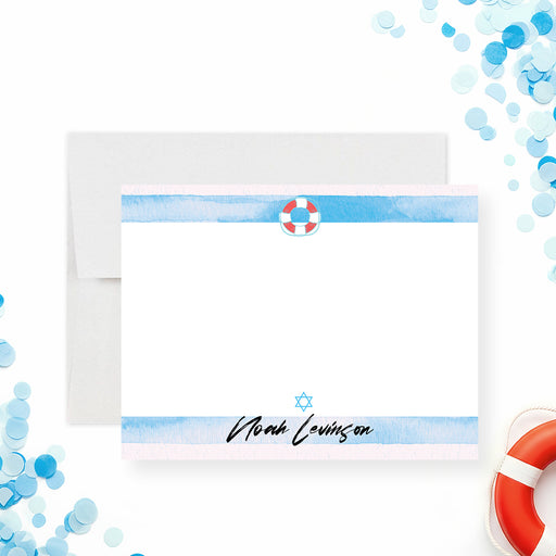 Personalized Bar Mitzvah thank you card featuring blue watercolor stripes with a clean modern layout for a boy’s celebration-front
