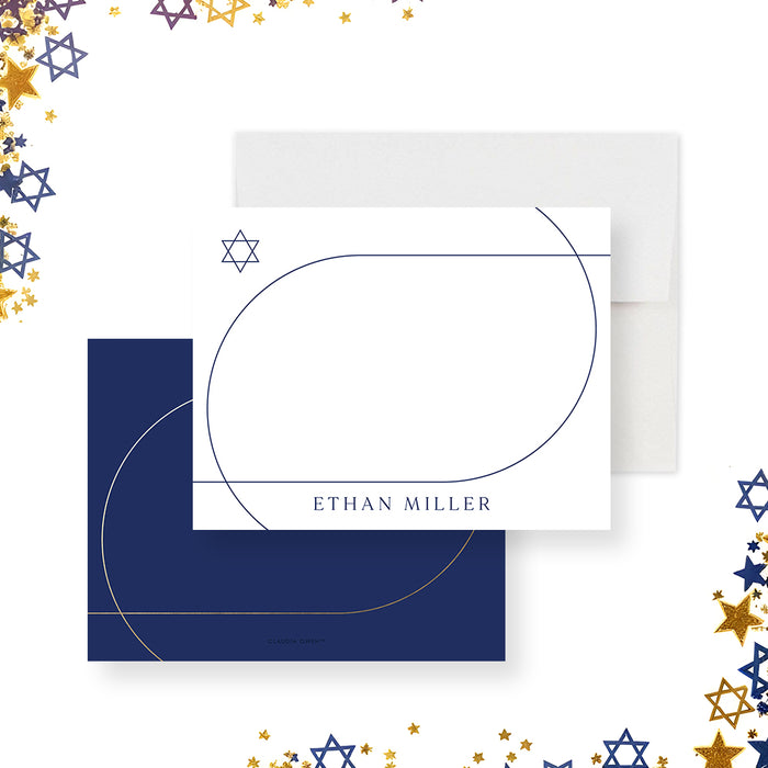 Personalized Bar Mitzvah note cards featuring a navy line design with a Star of David and custom name on white background.-front-back