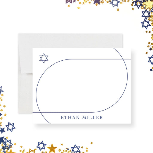 Personalized Bar Mitzvah note cards featuring a navy line design with a Star of David and custom name on white background.-front
