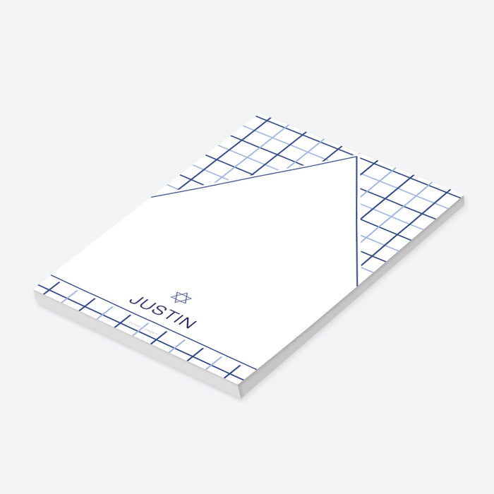 personalized modern navy blue geometric notepad with minimalist grid design and custom name-side
