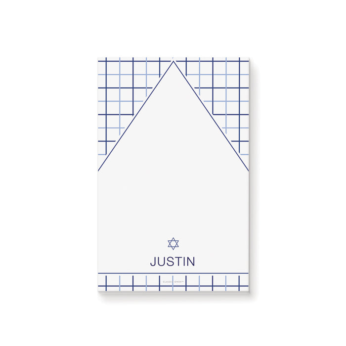 personalized modern navy blue geometric notepad with minimalist grid design and custom name