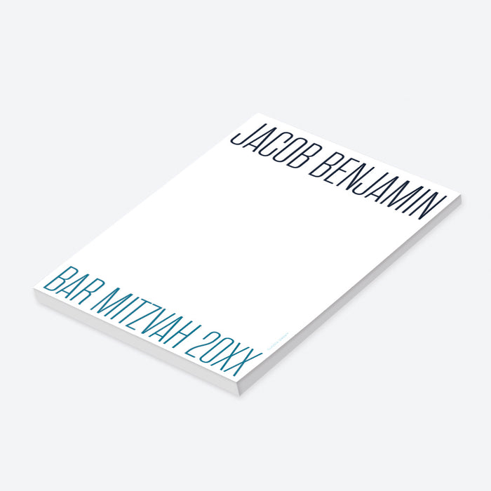 Personalized Bar Mitzvah notepad featuring a minimalist white design, navy name text, and teal event details for contemporary Jewish stationery-side
