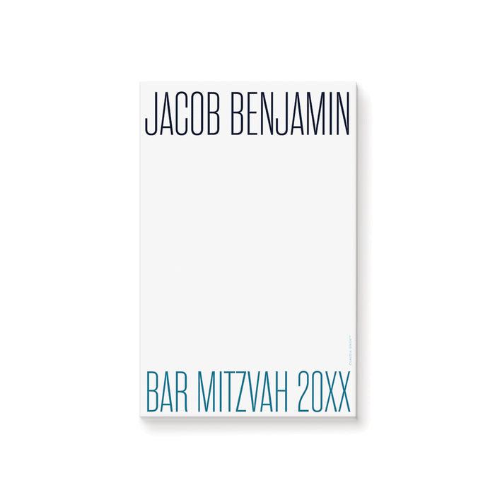 Personalized Bar Mitzvah notepad featuring a minimalist white design, navy name text, and teal event details for contemporary Jewish stationery.