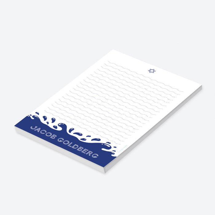 Personalized notepad with a blue splash design, featuring a Star of David and a custom name, ideal for pool party, Bar Mitzvah, or stationery gifts.-side