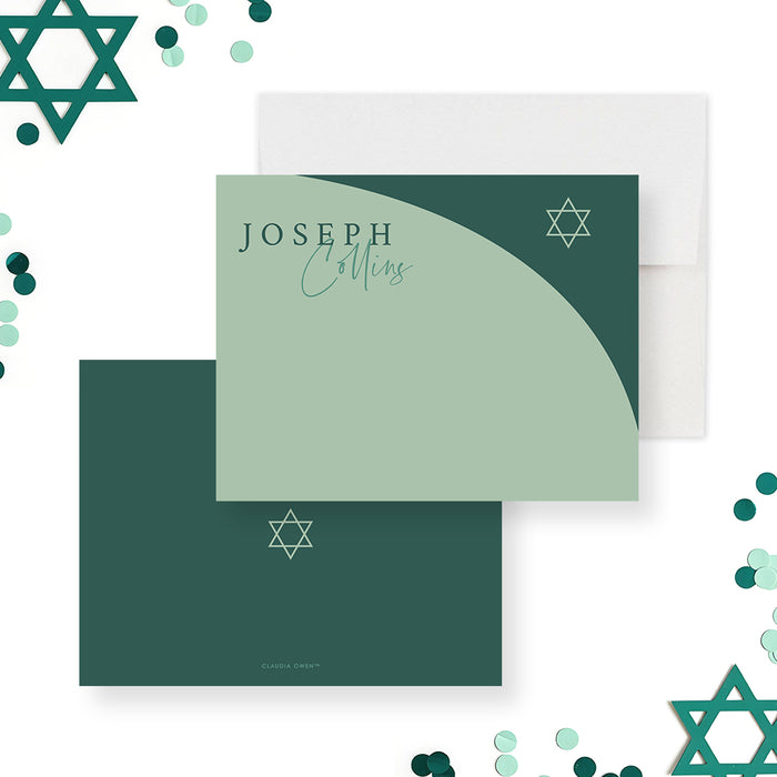 Green Bar Mitzvah thank you card with modern arch design and Star of David, personalized Jewish stationery-front-back