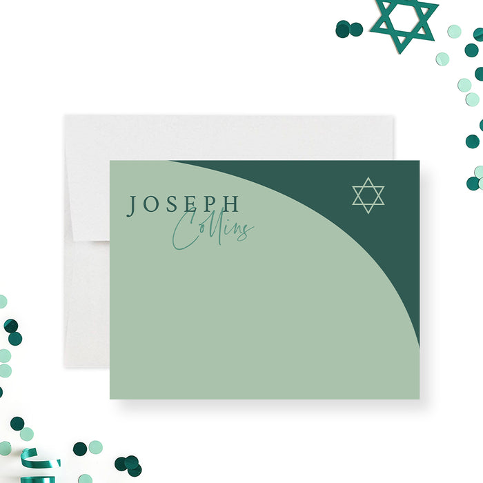Green Bar Mitzvah thank you card with modern arch design and Star of David, personalized Jewish stationery-front