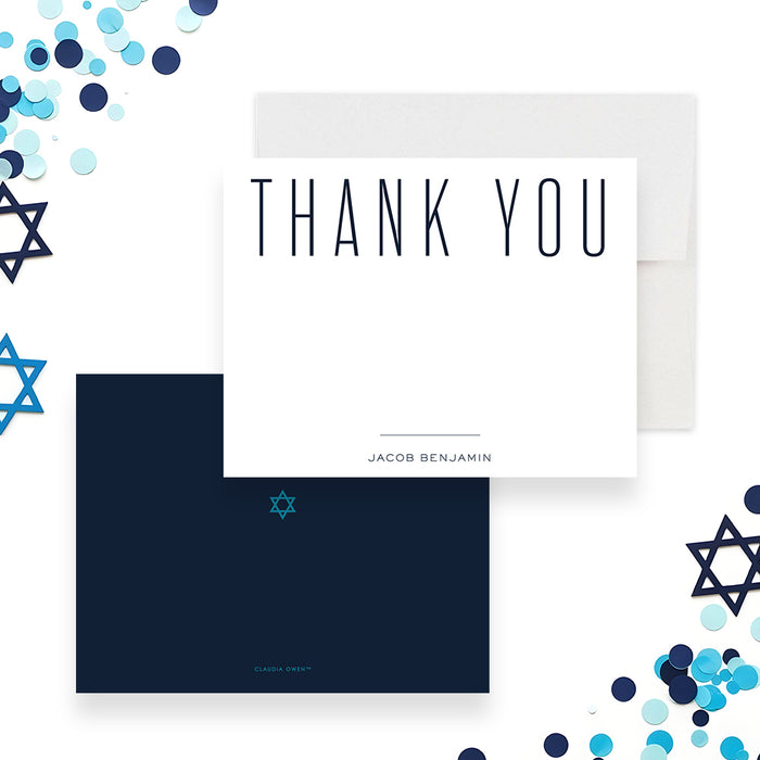 Modern Bar Mitzvah thank you card featuring navy typography, a white background, and a minimalist Star of David design-front-back