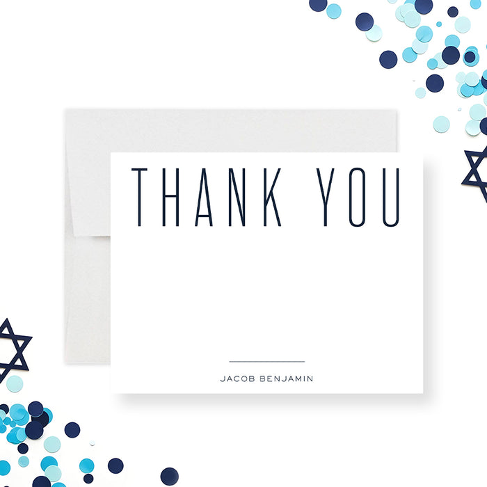 Modern Bar Mitzvah thank you card featuring navy typography, a white background, and a minimalist Star of David design-front