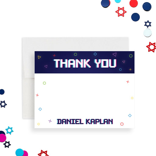 Gamer bar mitzvah thank you card with pixel-style thank you text, colorful gaming icons, and personalized name on a modern blue design-front