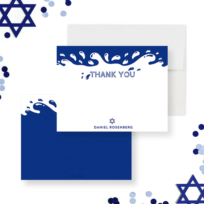 Bar Mitzvah thank you card featuring a water splash design and Star of David personalized with your name.-front-back