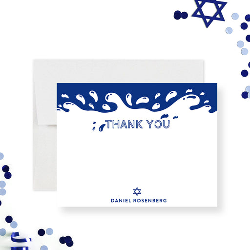 Bar Mitzvah thank you card featuring a water splash design and Star of David personalized with your name.-front
