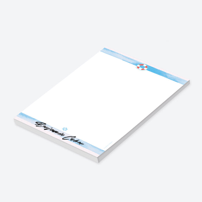 Personalized Bar Mitzvah notepad featuring blue watercolor stripes with a pool party theme and custom name for a boy’s celebration-side