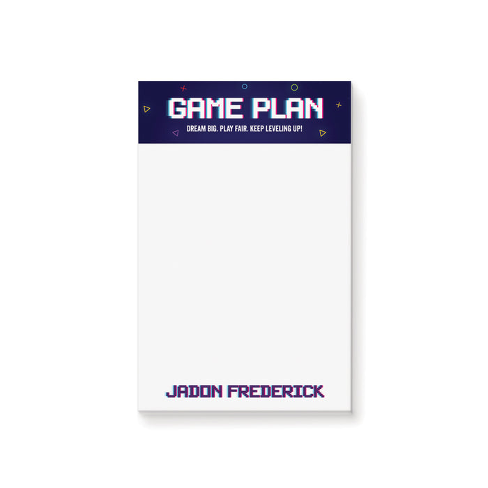 Personalized gamer notepad with pixel-style “Game Plan” heading and custom name, perfect for a video game themed bar mitzvah.