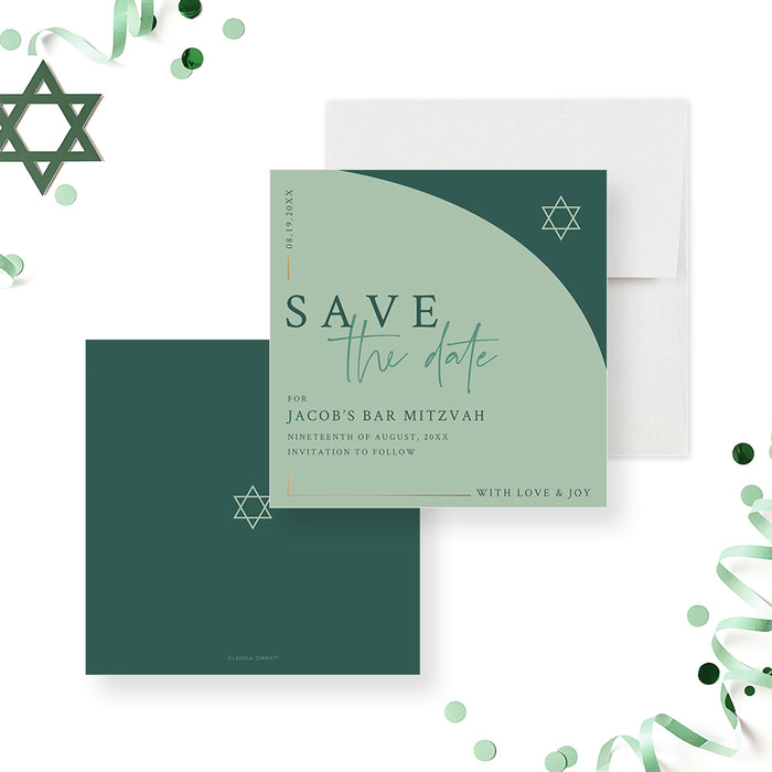 Modern green Bar Mitzvah save the date card with minimalist arch design and Star of David, personalized Jewish printed invitation-front-back