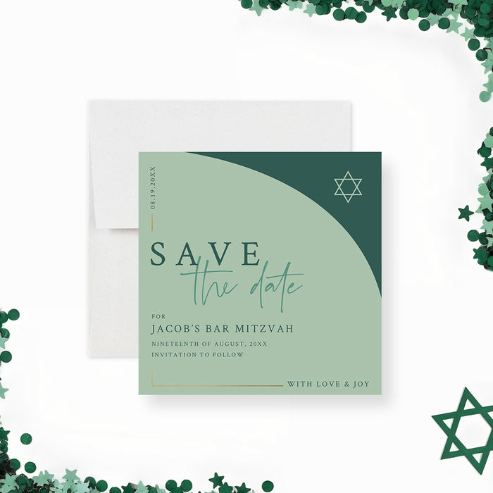 Modern green Bar Mitzvah save the date card with minimalist arch design and Star of David, personalized Jewish printed invitation-front