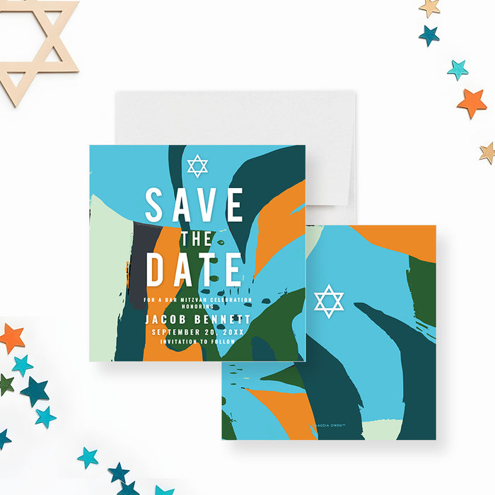 Bar Mitzvah save the date card featuring an abstract colorful design, Star of David, and customizable event details.-front-back