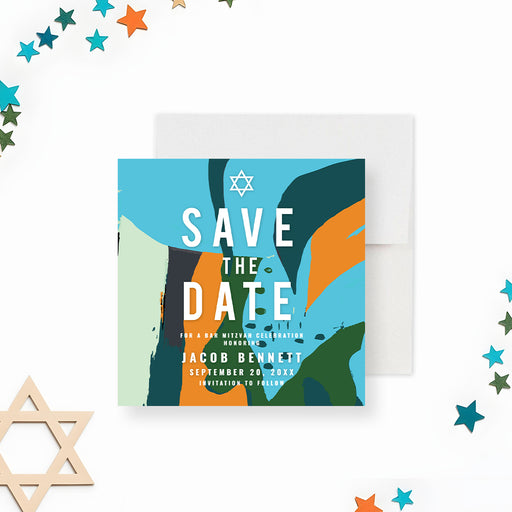 Bar Mitzvah save the date card featuring an abstract colorful design, Star of David, and customizable event details.-front