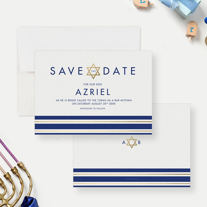 Elegant Bar Mitzvah Save the Date Card with Tallit Prayer Shawl Design, Star of David Save the Dates