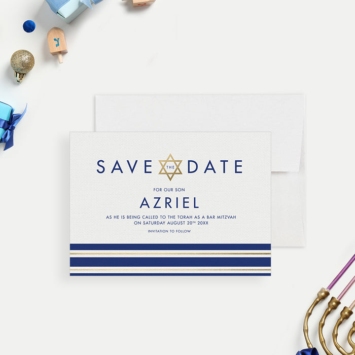 Elegant Bar Mitzvah Save the Date Card with Tallit Prayer Shawl Design, Star of David Save the Dates