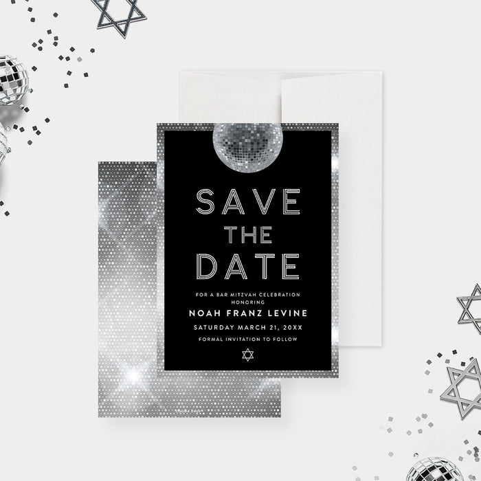 bar mitzvah save the date card with disco ball design for Jewish celebration announcement-front-back