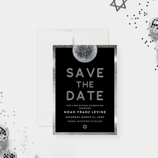 bar mitzvah save the date card with disco ball design for Jewish celebration announcement-front