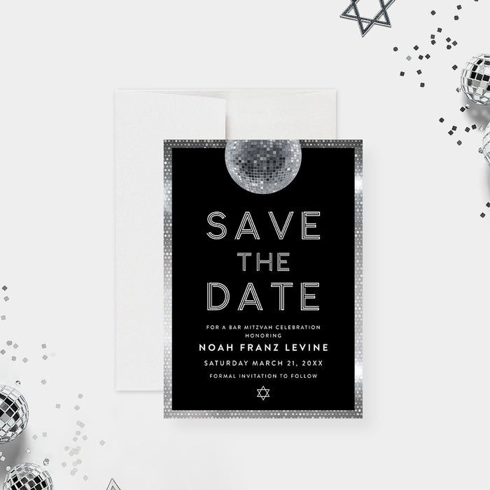 bar mitzvah save the date card with disco ball design for Jewish celebration announcement-front