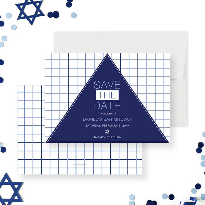 modern navy blue Bar Mitzvah save the date card with geometric triangle and white grid background-front-back