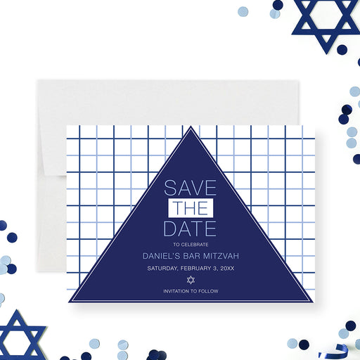 modern navy blue Bar Mitzvah save the date card with geometric triangle and white grid background-front