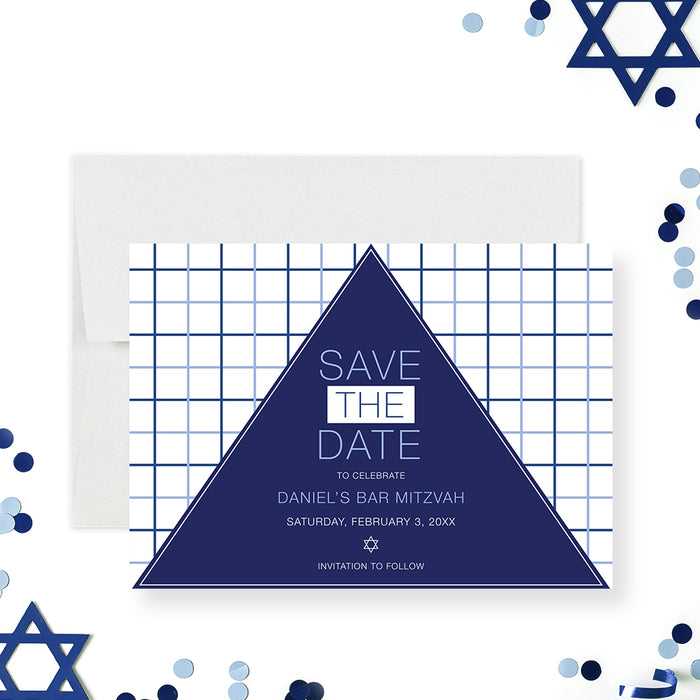 modern navy blue Bar Mitzvah save the date card with geometric triangle and white grid background-front