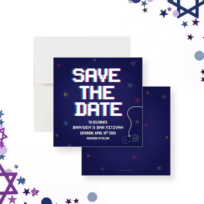 Gamer bar mitzvah save the date card with pixel-style lettering, video game controller, and neon details on a dark blue background-front-back