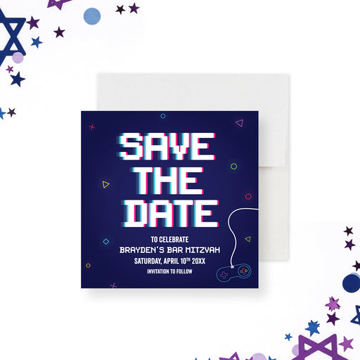 Gamer bar mitzvah save the date card with pixel-style lettering, video game controller, and neon details on a dark blue background-front