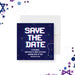 Gamer bar mitzvah save the date card with pixel-style lettering, video game controller, and neon details on a dark blue background-front