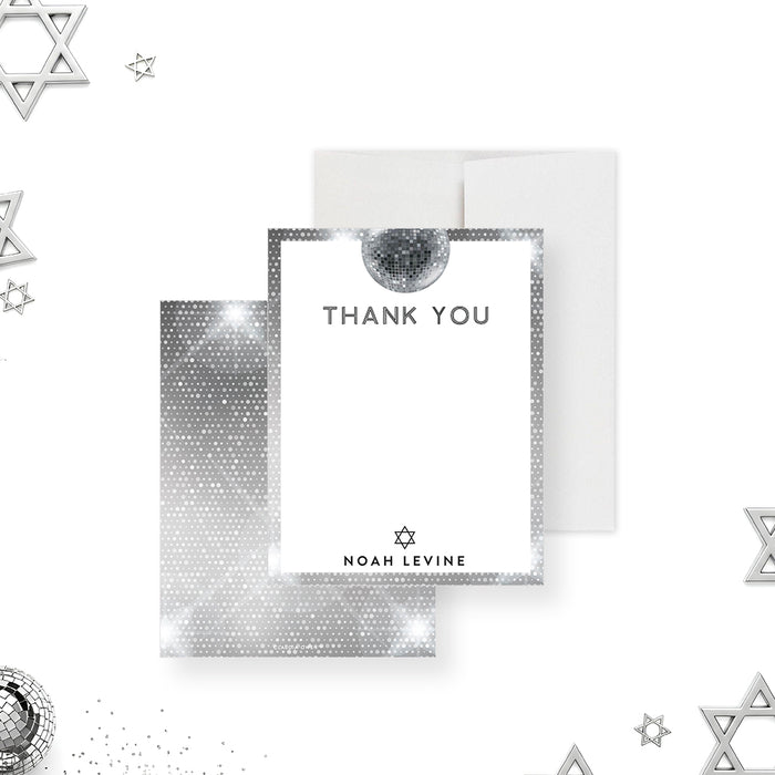 personalized Bar Mitzvah thank you card with a disco ball theme for a modern celebration-front-back