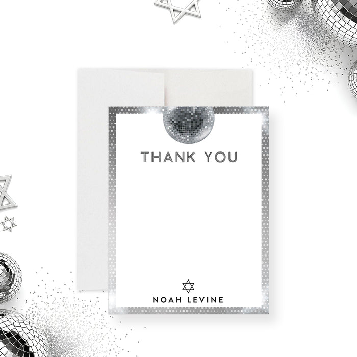 personalized Bar Mitzvah thank you card with a disco ball theme for a modern celebration-front