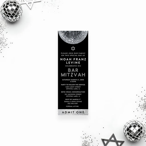 bar mitzvah ticket invitation with disco ball design and admit one style for modern jewish celebration