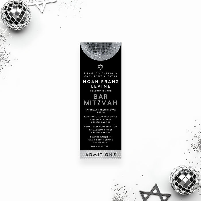 bar mitzvah ticket invitation with disco ball design and admit one style for modern jewish celebration