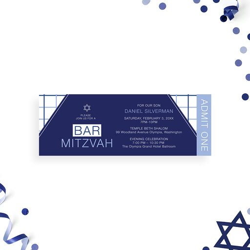 modern navy blue Bar Mitzvah ticket invitation with geometric triangle design and ticket-style layout