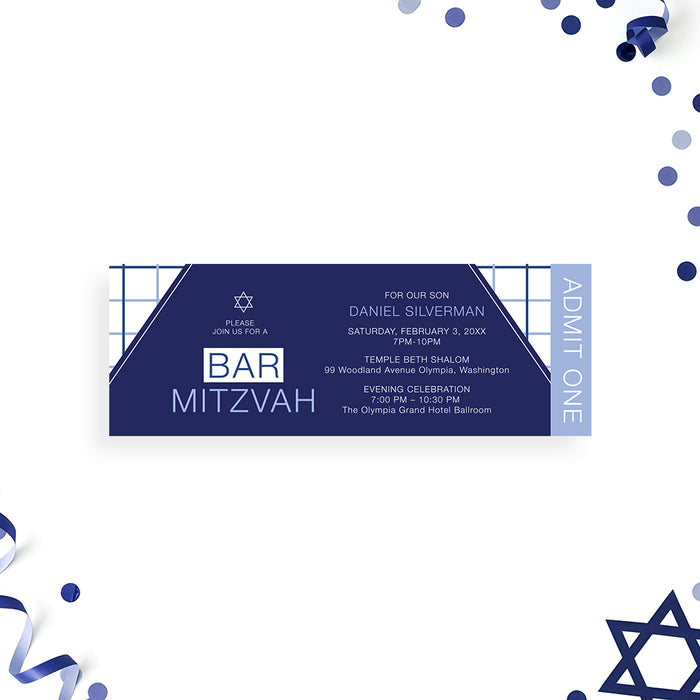 modern navy blue Bar Mitzvah ticket invitation with geometric triangle design and ticket-style layout